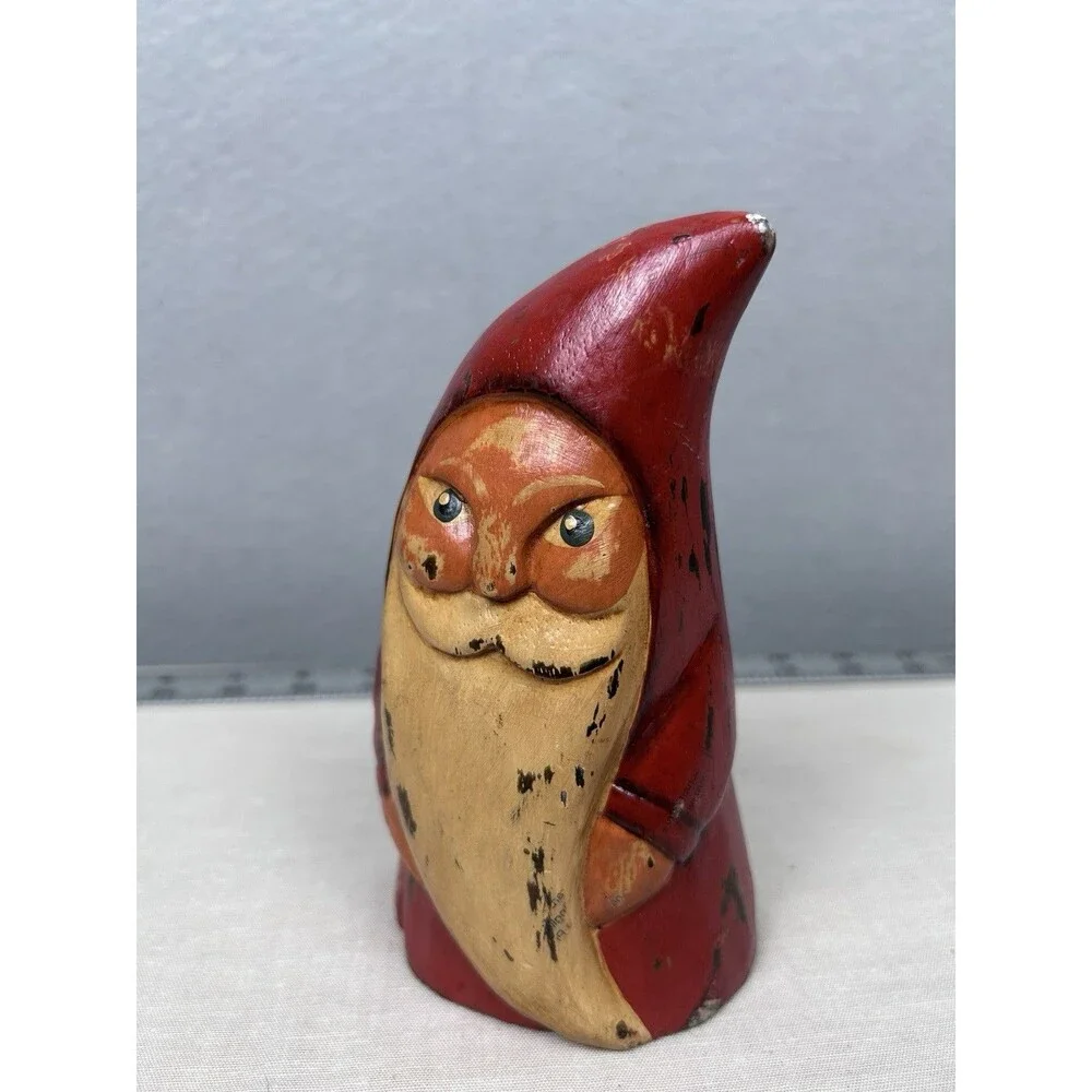 Primitive FolkArt Wooden Carved Santa Claus Gnome Shape Hand Painted. 6 X 3 in.